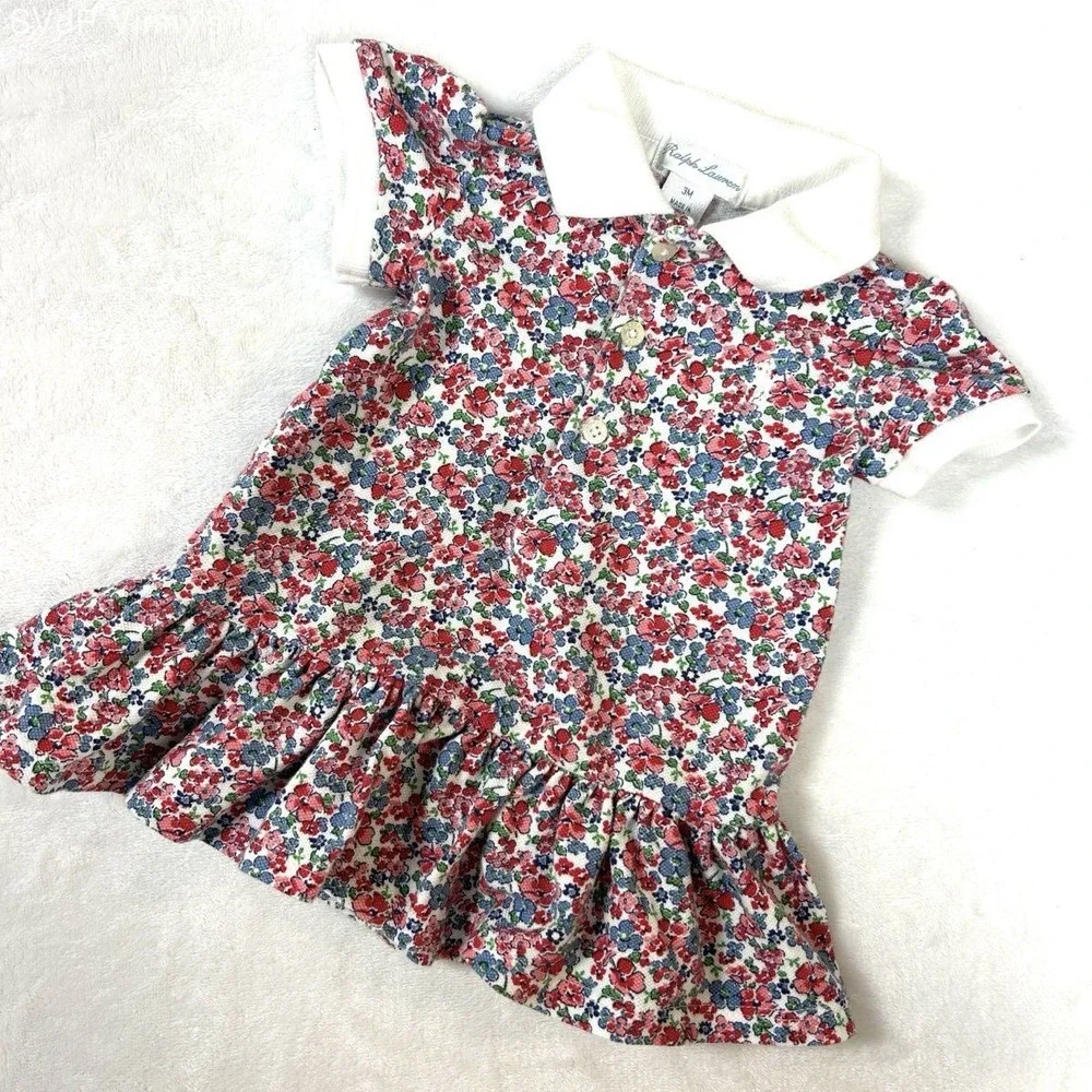 Ralph Lauren Baby Girls Floral Polo Dress Ruffled Hem Multicolor Cotton Sz 3M